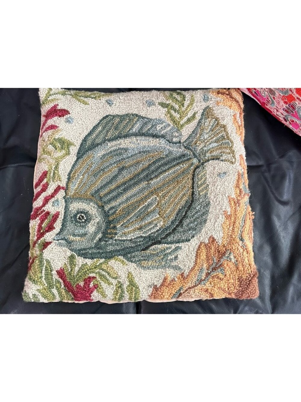 Hooked Rug Wool Needlepoint Pillow Cover Fish Nautical Coastal 18” No Insert